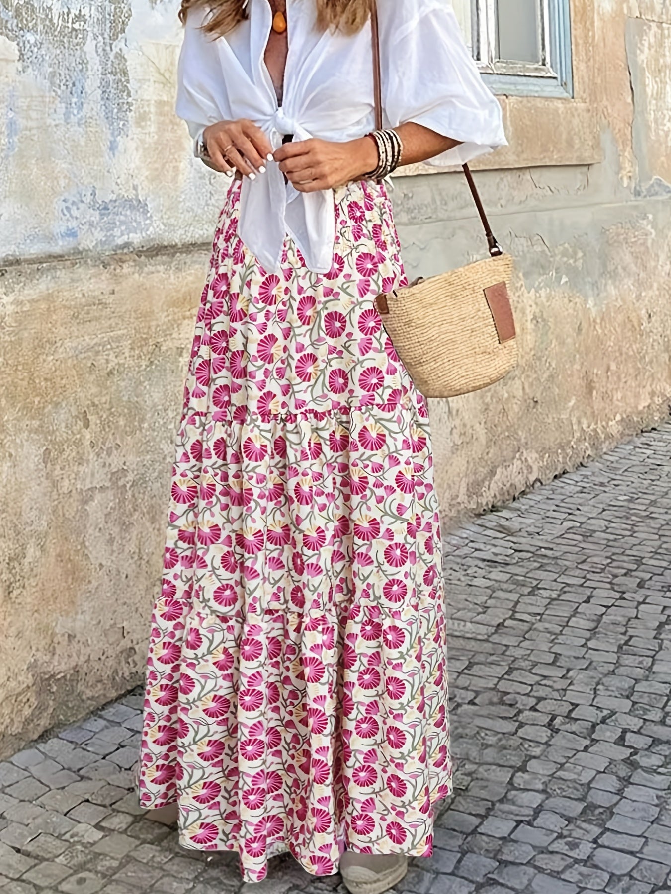 Falda de cintura alta con estampado en fuscia