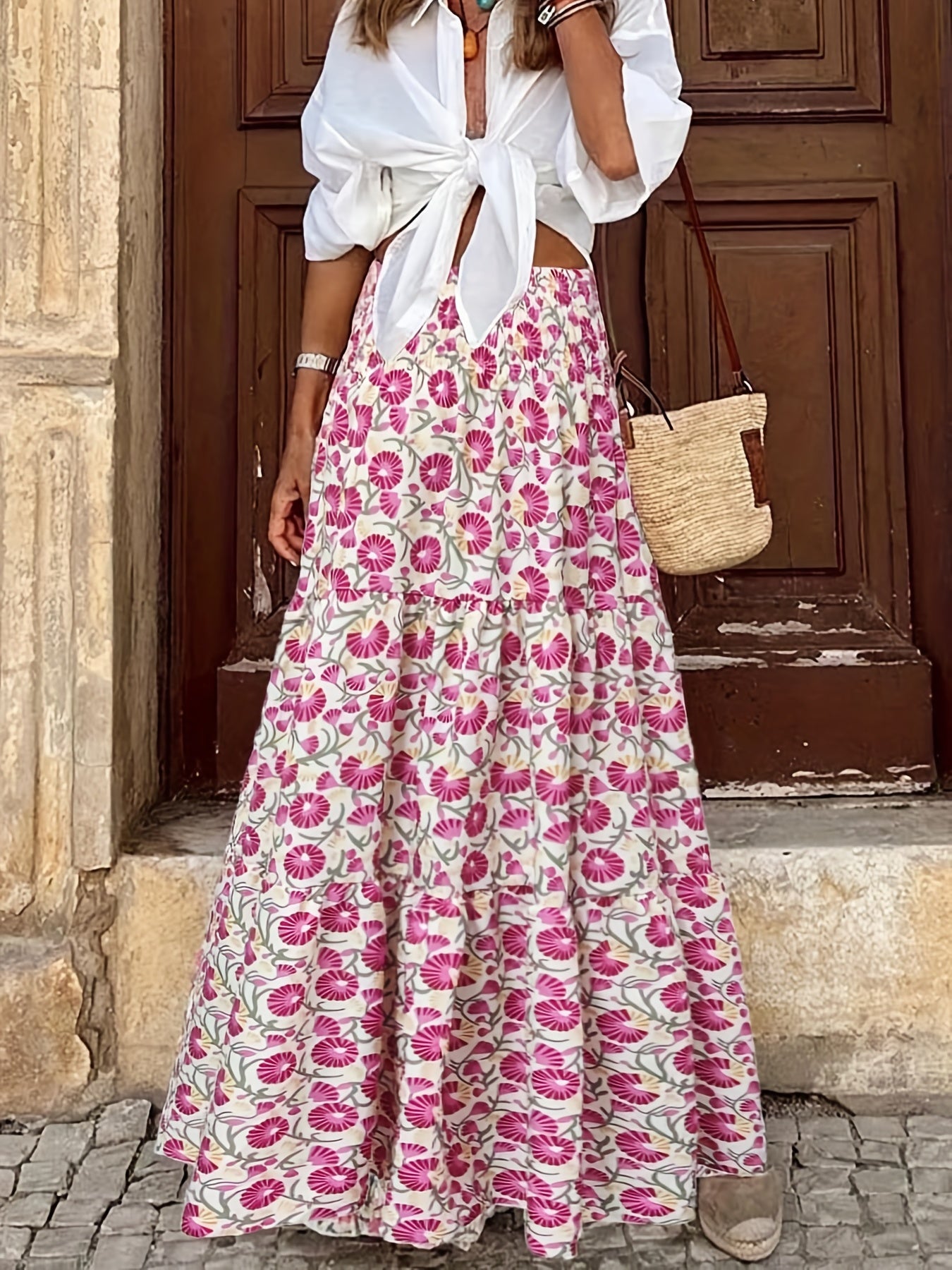 Falda de cintura alta con estampado en fuscia